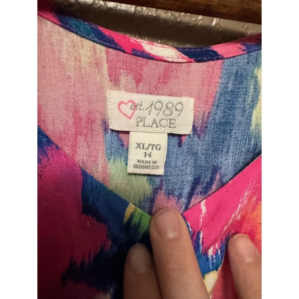 The Children's Place High Low Dress Girls XL 14 Pink Blue Ikat Excellent Ruffle - Picture 3 of 5
